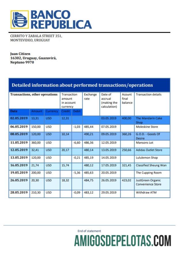 em branco Uruguai Banco De La República Oriental Del Uruguay Modelo de extrato bancário em formato Word e PDF, bom para comprovar endereço